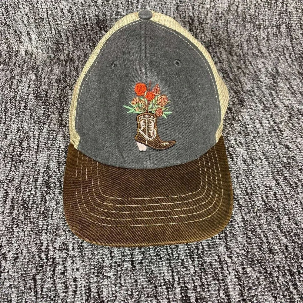 Southwest Cowgirl Womens OS Grey Brown‎ Cowboy Boot Floral Infinity Ponytail Cap